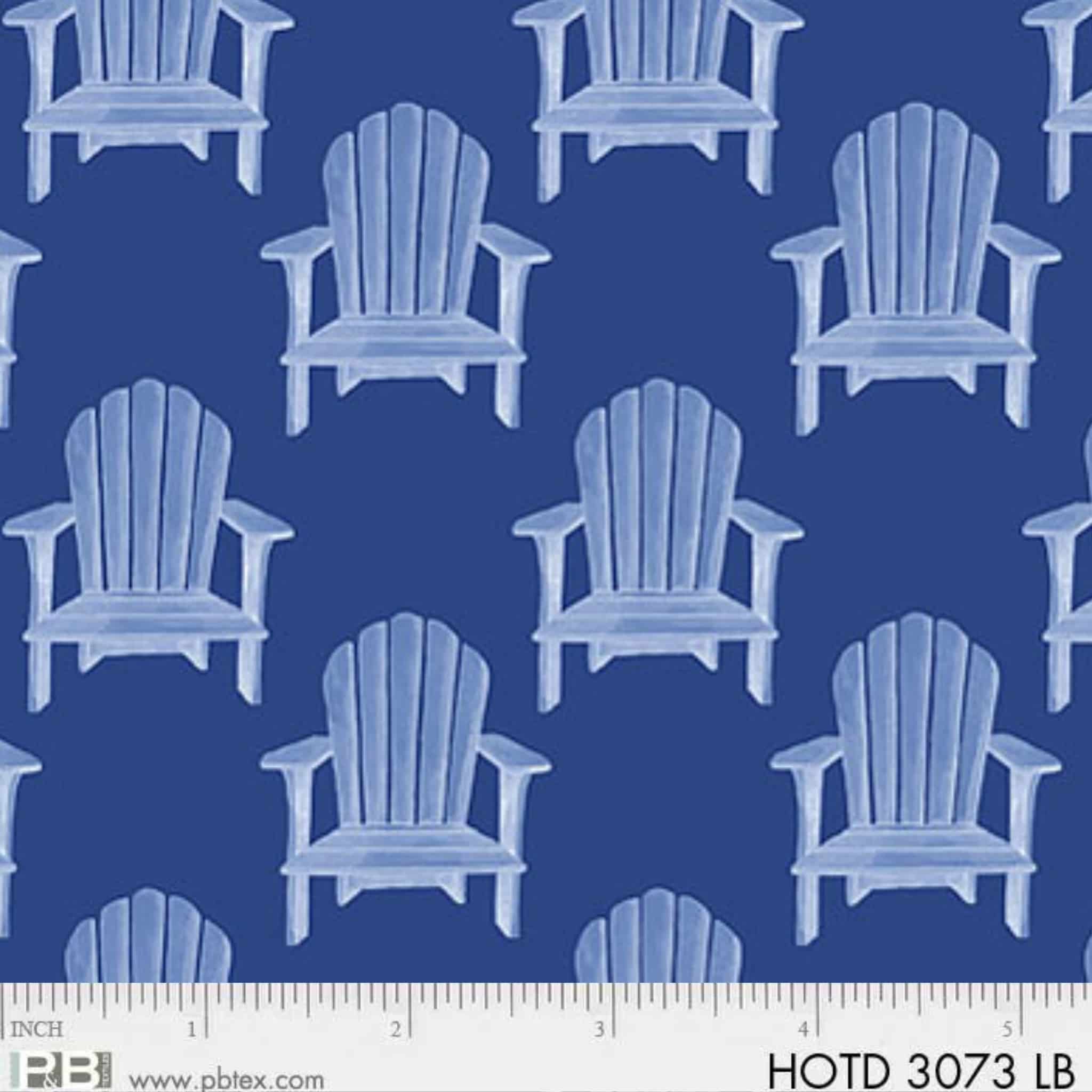 Pattern of Adirondack chairs on a blue background for coastal quilts and summer themed sewing projects