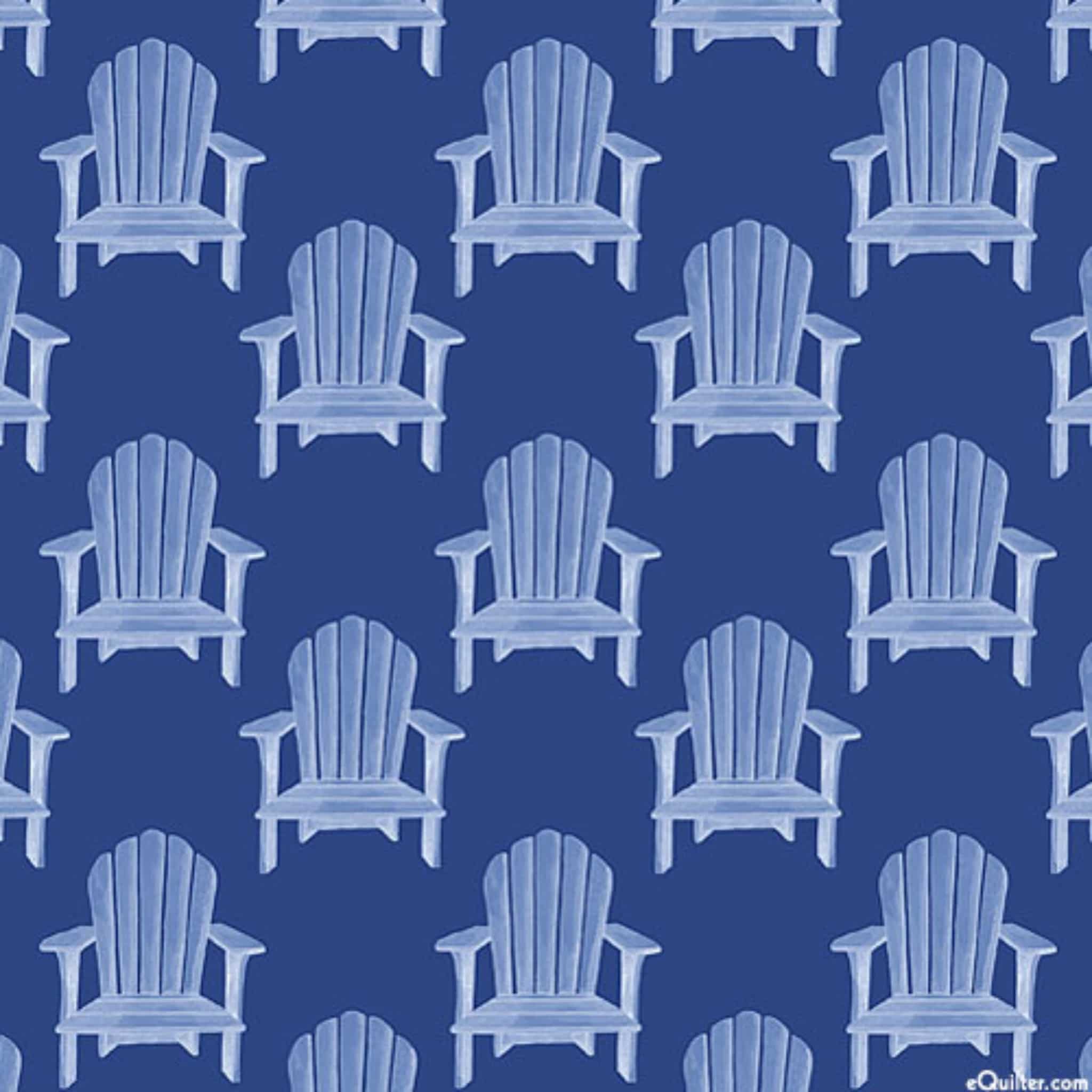 Beach chairs on navy blue cotton fabric for coastal quilts, beach tote bags and summer sewing projects