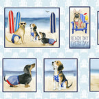 Beach dogs panel left side detail showing dogs in swimsuits for summer quilts and beach themed sewing