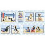 Dogs in polka dot bathing suits on cotton fabric panel for beach themed quilts and summer sewing projects
