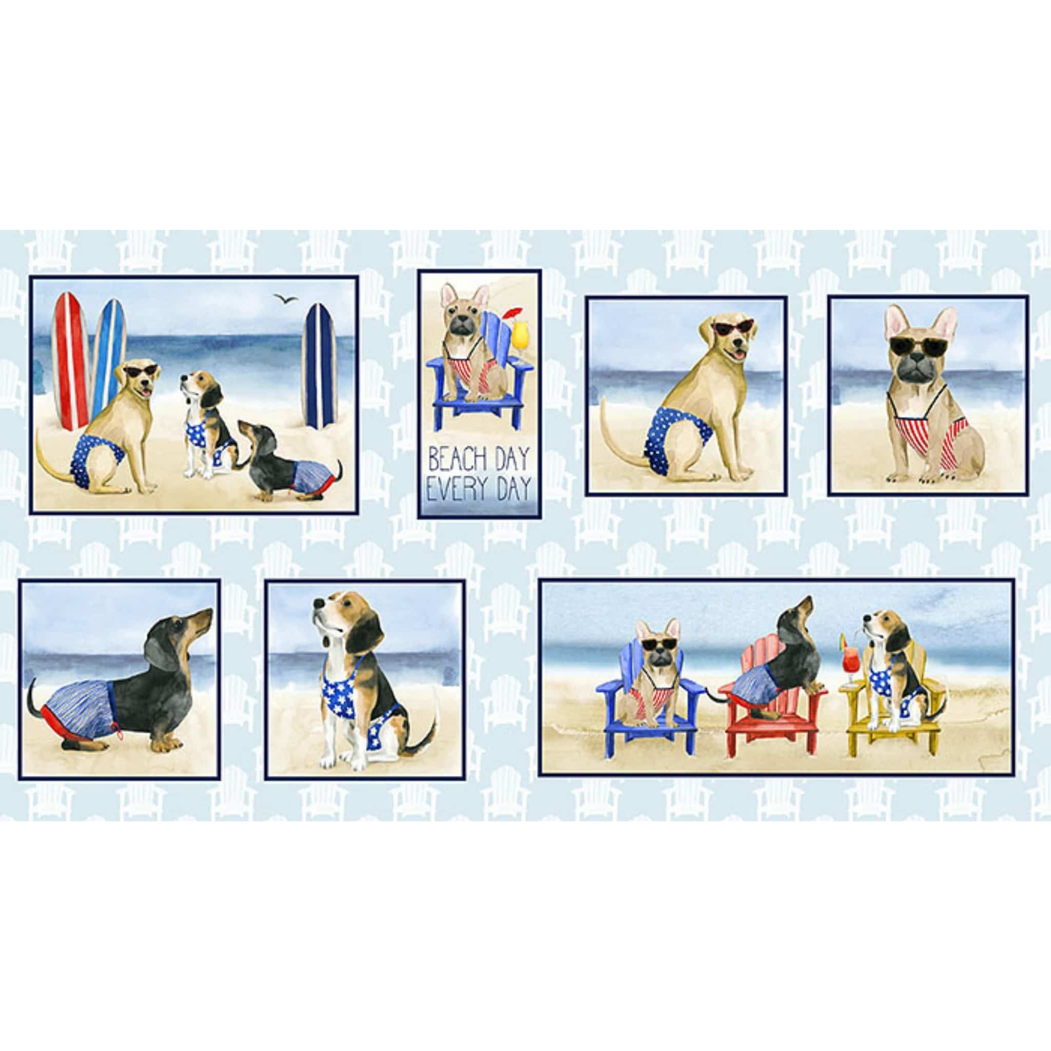 Dogs in polka dot bathing suits on cotton fabric panel for beach themed quilts and summer sewing projects