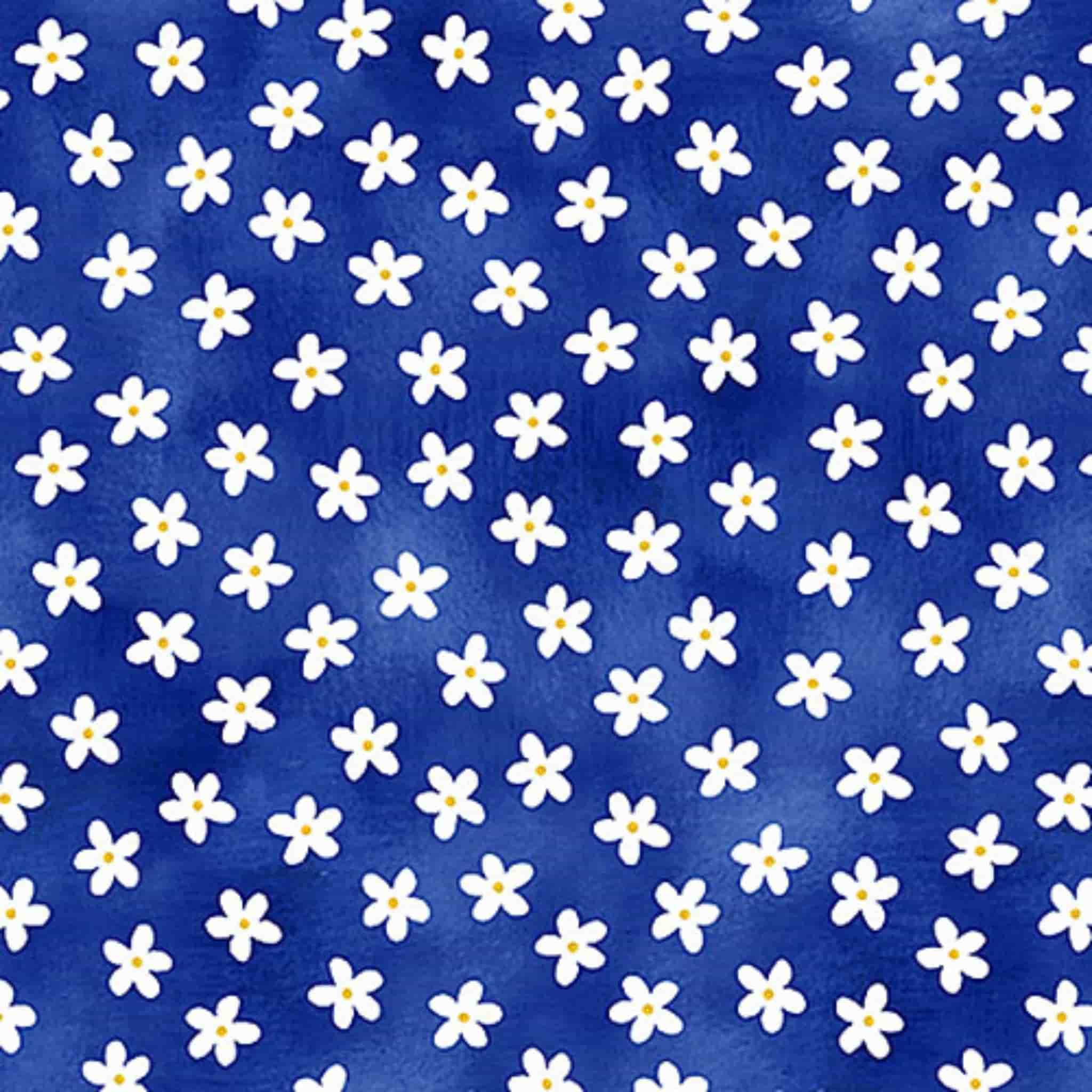 White daisies on navy blue cotton fabric for coastal quilts, beach tote bags and summer sewing projects