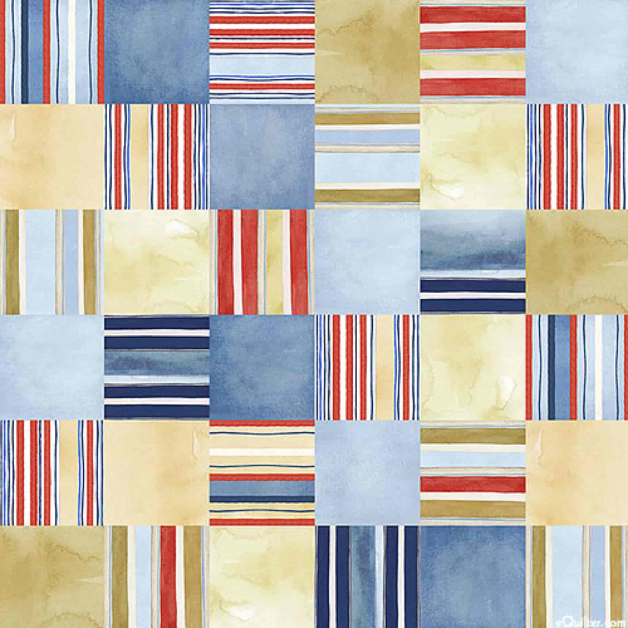 Colourful striped squares on sand cotton fabric for beach quilts, coastal tote bags and summer sewing