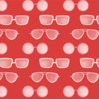 Colourful sunglasses on red cotton fabric for beach quilts, summer tote bags and coastal sewing projects