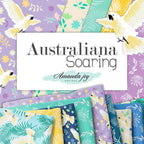 Australiana Soaring quilting fabric collection cockatoo fern prints in black cream purple navy for patchwork