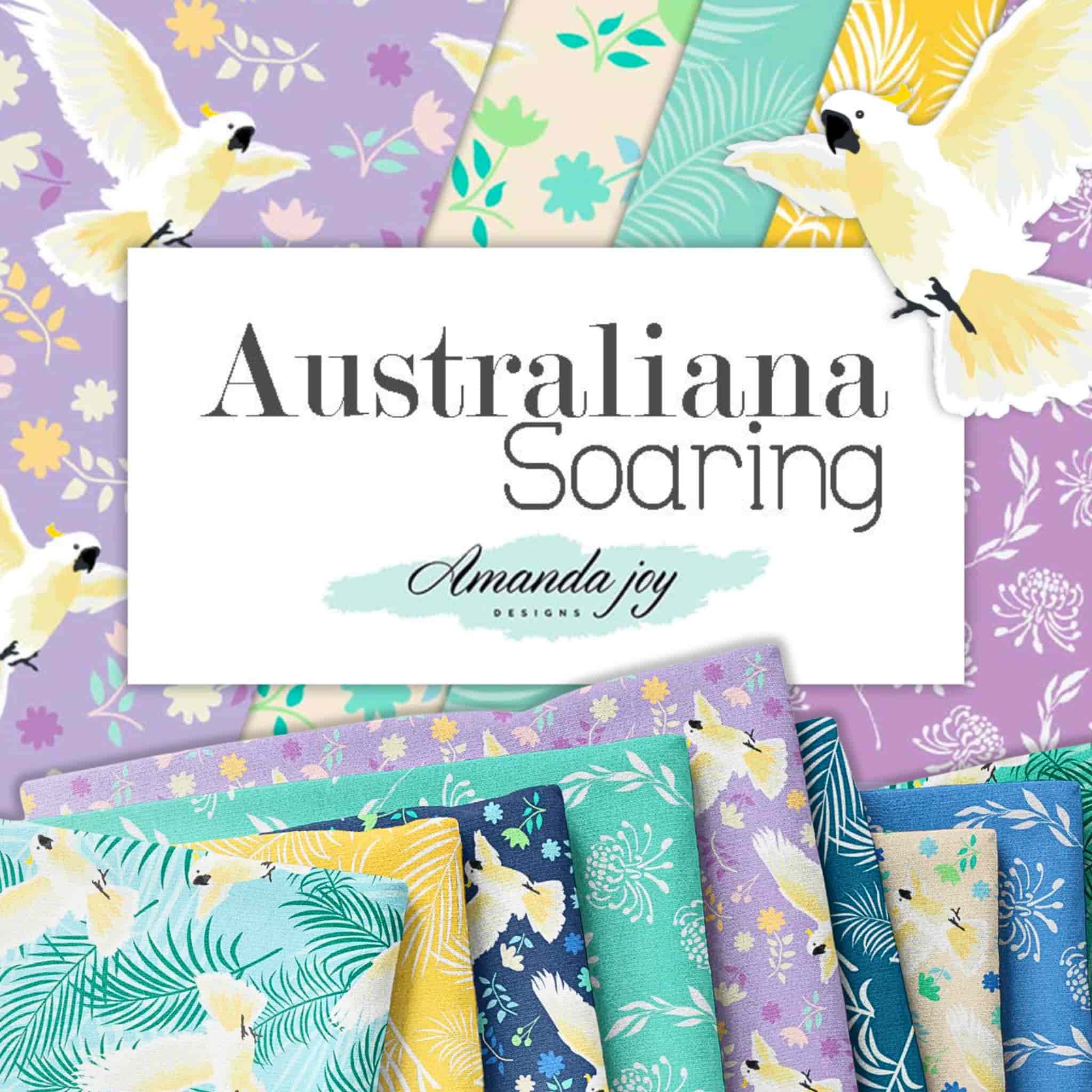 Australiana Soaring quilting fabric collection cockatoo fern prints in black cream purple navy for patchwork