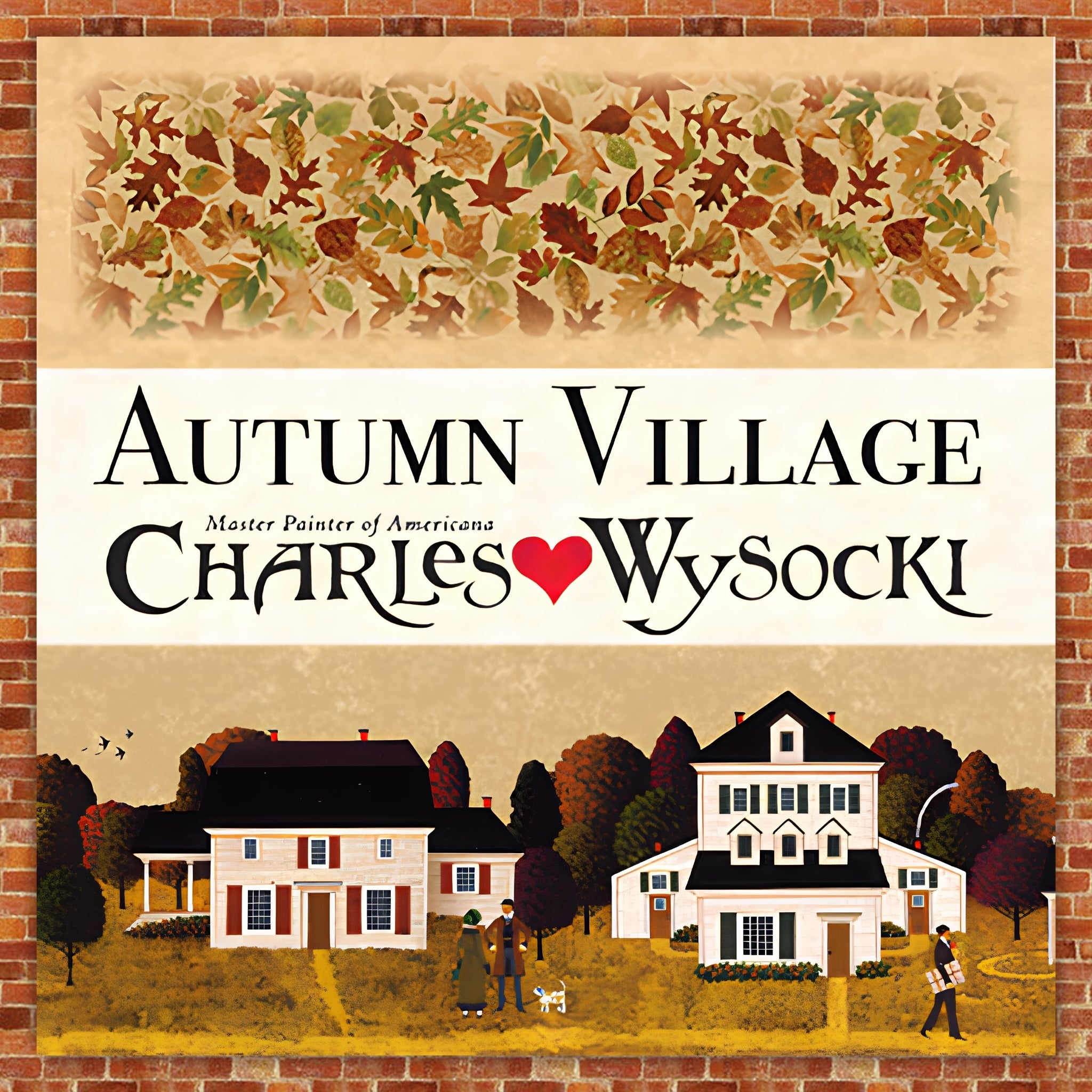 Autumn Village Charles Wysocki Northcott fabric collection featuring autumn leaves and 1900s New England village scene