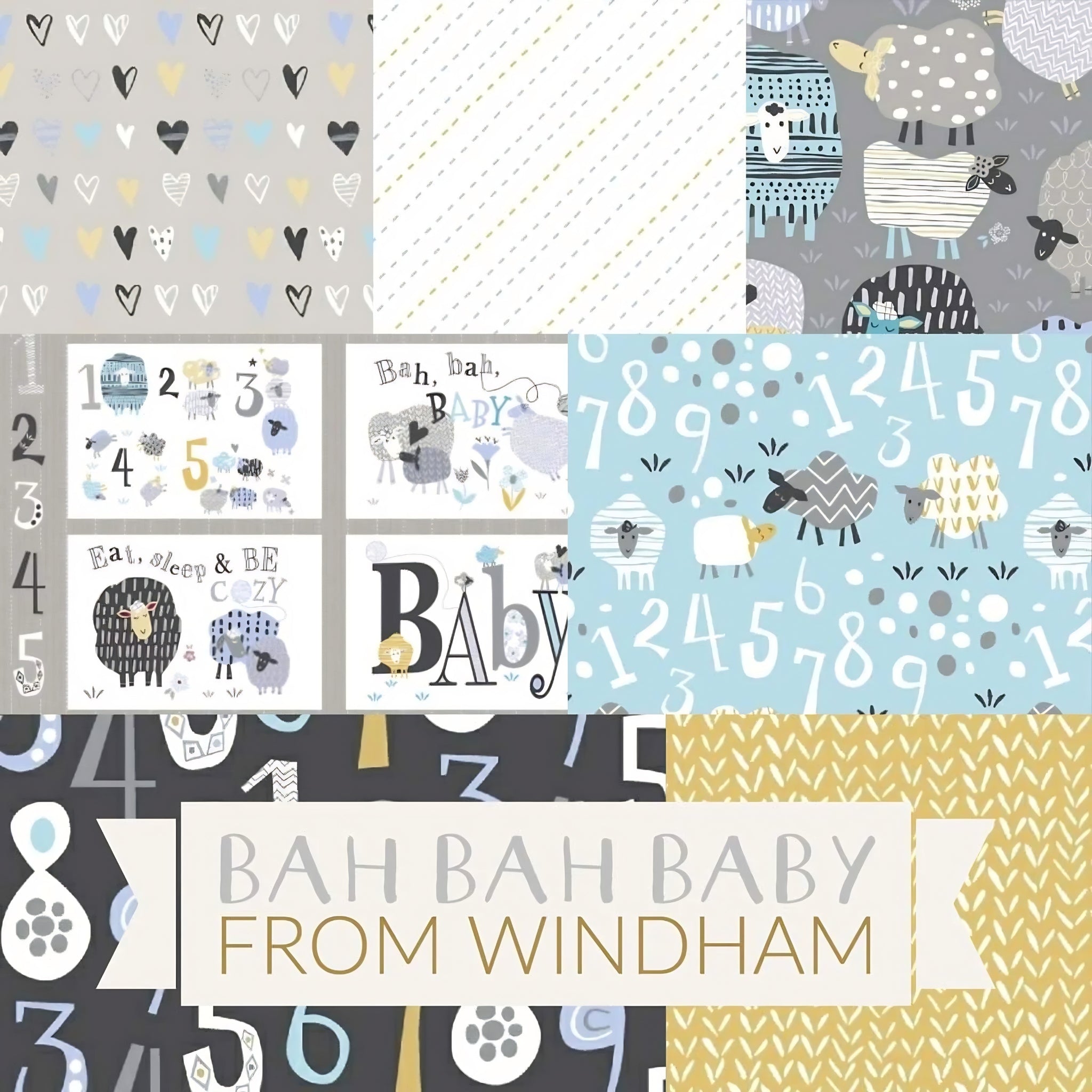 Bah Bah Baby quilting fabric collection by Jill McDonald for Windham Fabrics featuring sheep numbers and hearts in blue grey gold and white