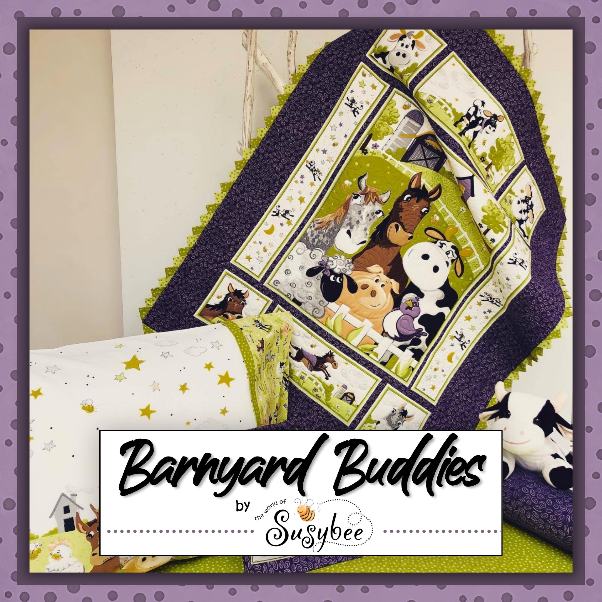 Barnyard Buddies collection cover finished quilt farm animals horse cow sheep pig purple lime green Susybee kids novelty quilting fabric