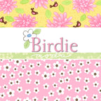 Birdie fabric collection by Me and My Sister Designs for Moda featuring pink flowers brown birds and white daisies on yellow and pink backgrounds for quilting and patchwork