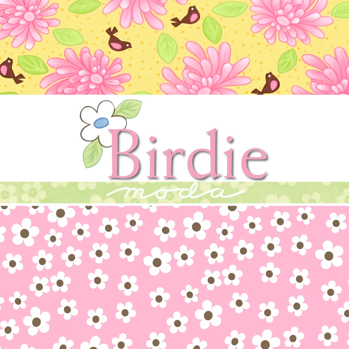 Birdie fabric collection by Me and My Sister Designs for Moda featuring pink flowers brown birds and white daisies on yellow and pink backgrounds for quilting and patchwork