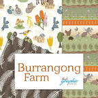 Burrangong Farm fabric collection cover with Australian farm animals native flora wheat and farm stripe designs by Annette Winter for KK Fabrics
