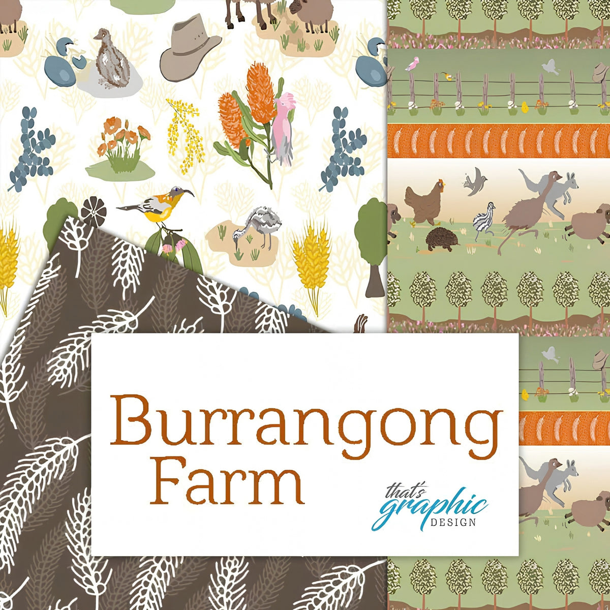 Burrangong Farm fabric collection cover with Australian farm animals native flora wheat and farm stripe designs by Annette Winter for KK Fabrics