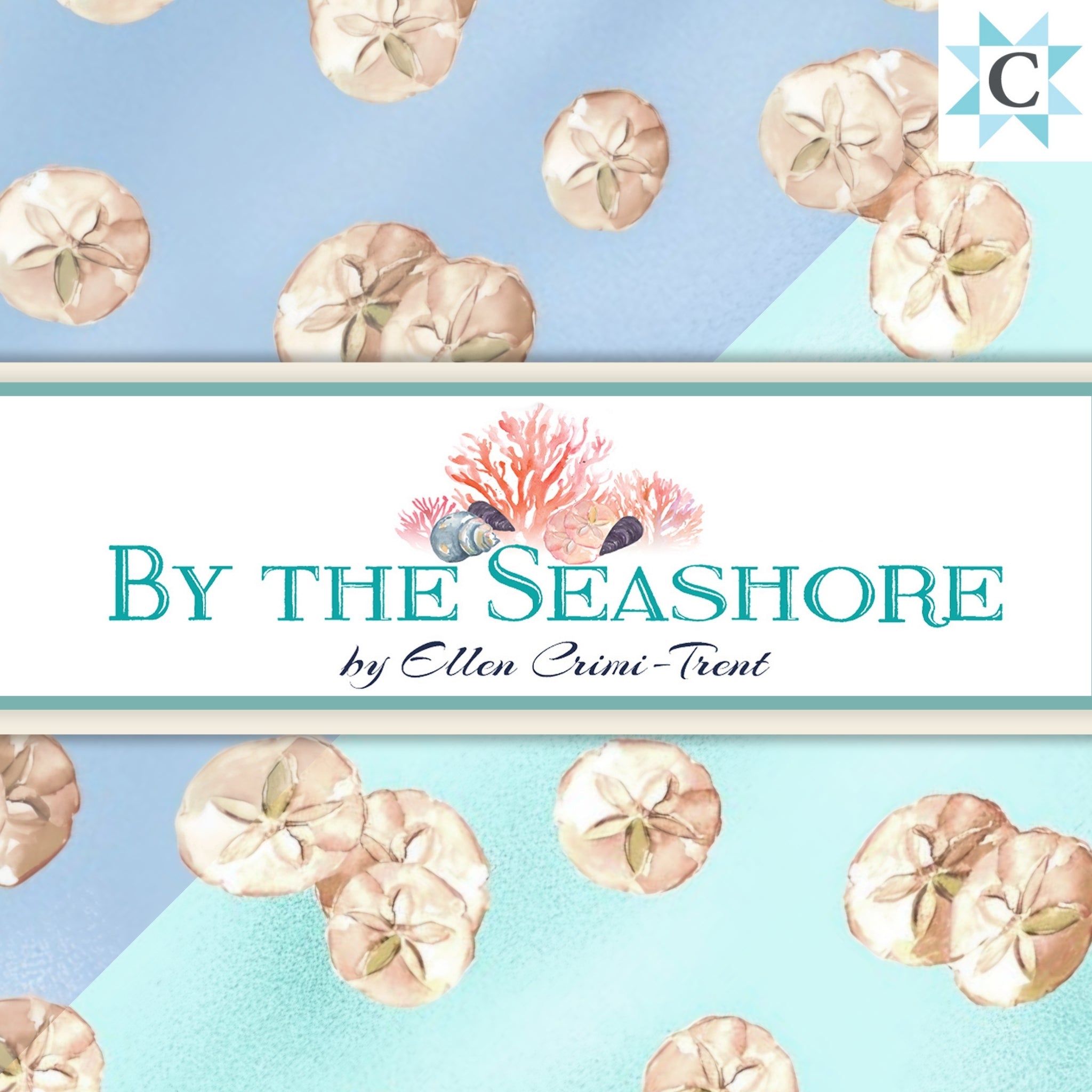 By the Seashore quilting fabric collection by Ellen Crimi-Trent for Clothworks — sand dollars, mermaids, coral reef, clam shells and coastal prints in aqua, teal and navy