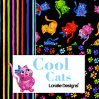 Cool Cats novelty cat fabric collection by Loralie Harris Designs multi-colour black quilting cotton