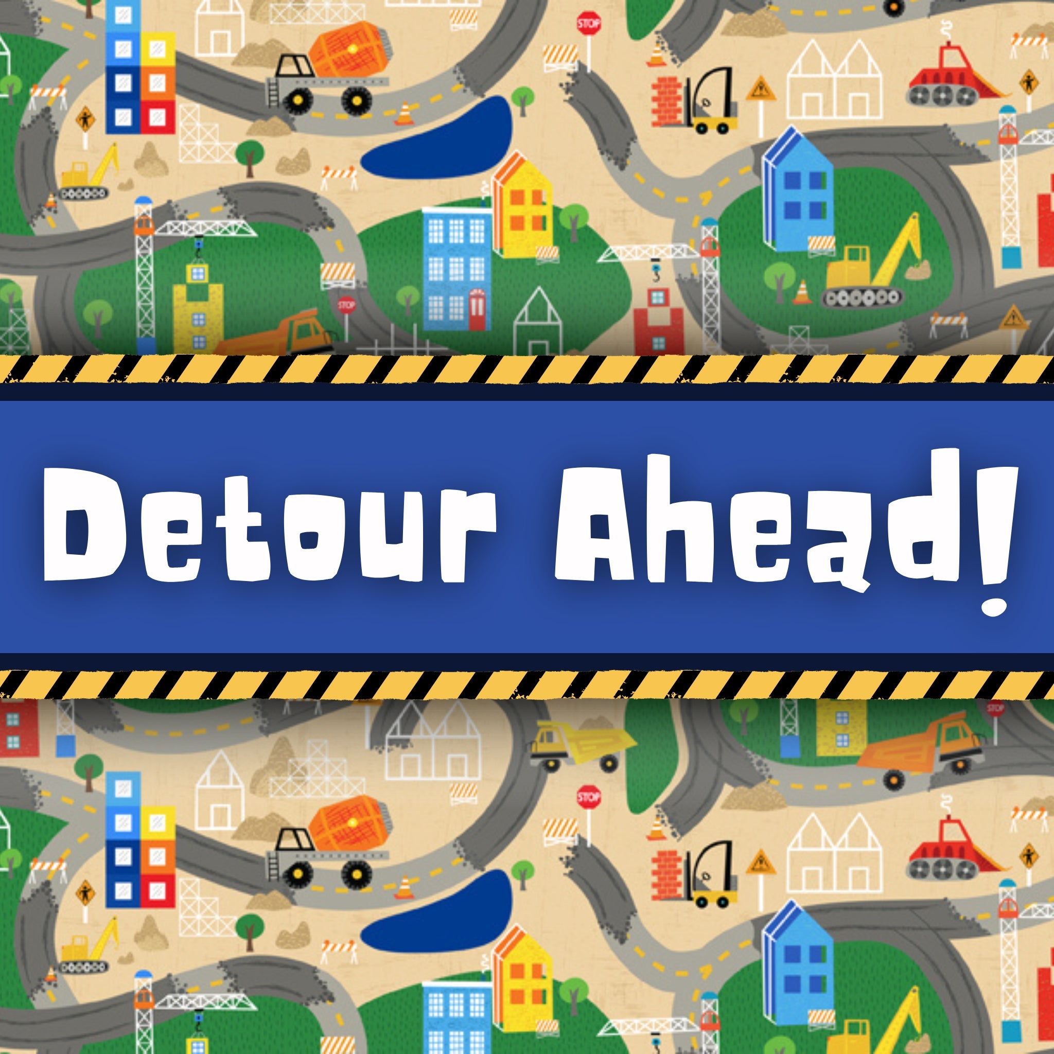 Detour Ahead construction fabric collection by Wilmington Prints featuring roads trucks buildings and cranes kids novelty patchwork fabric