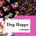 Dog Happy novelty dog fabric collection by Loralie Harris Designs multi-colour black white pink quilting cotton