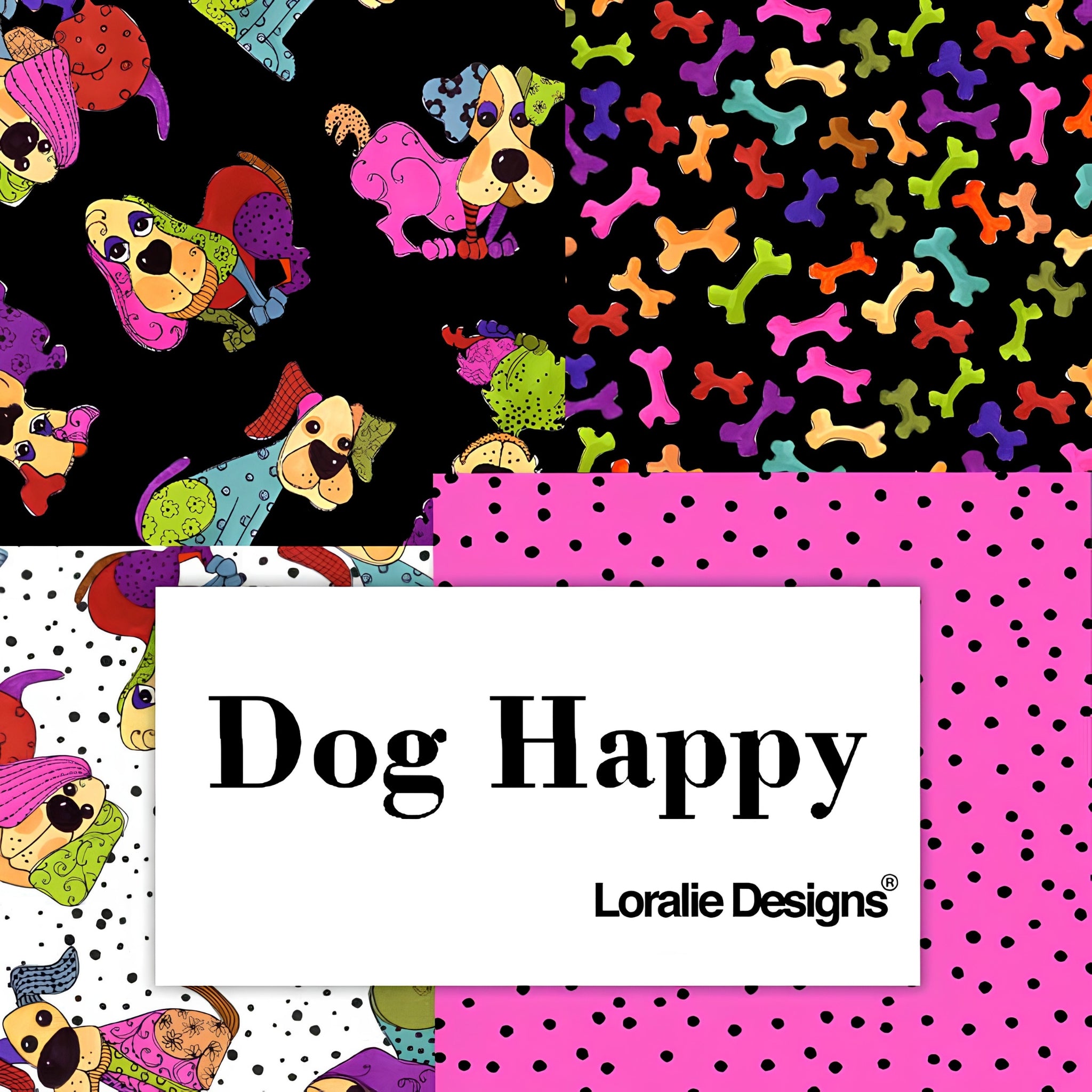 Dog Happy novelty dog fabric collection by Loralie Harris Designs multi-colour black white pink quilting cotton