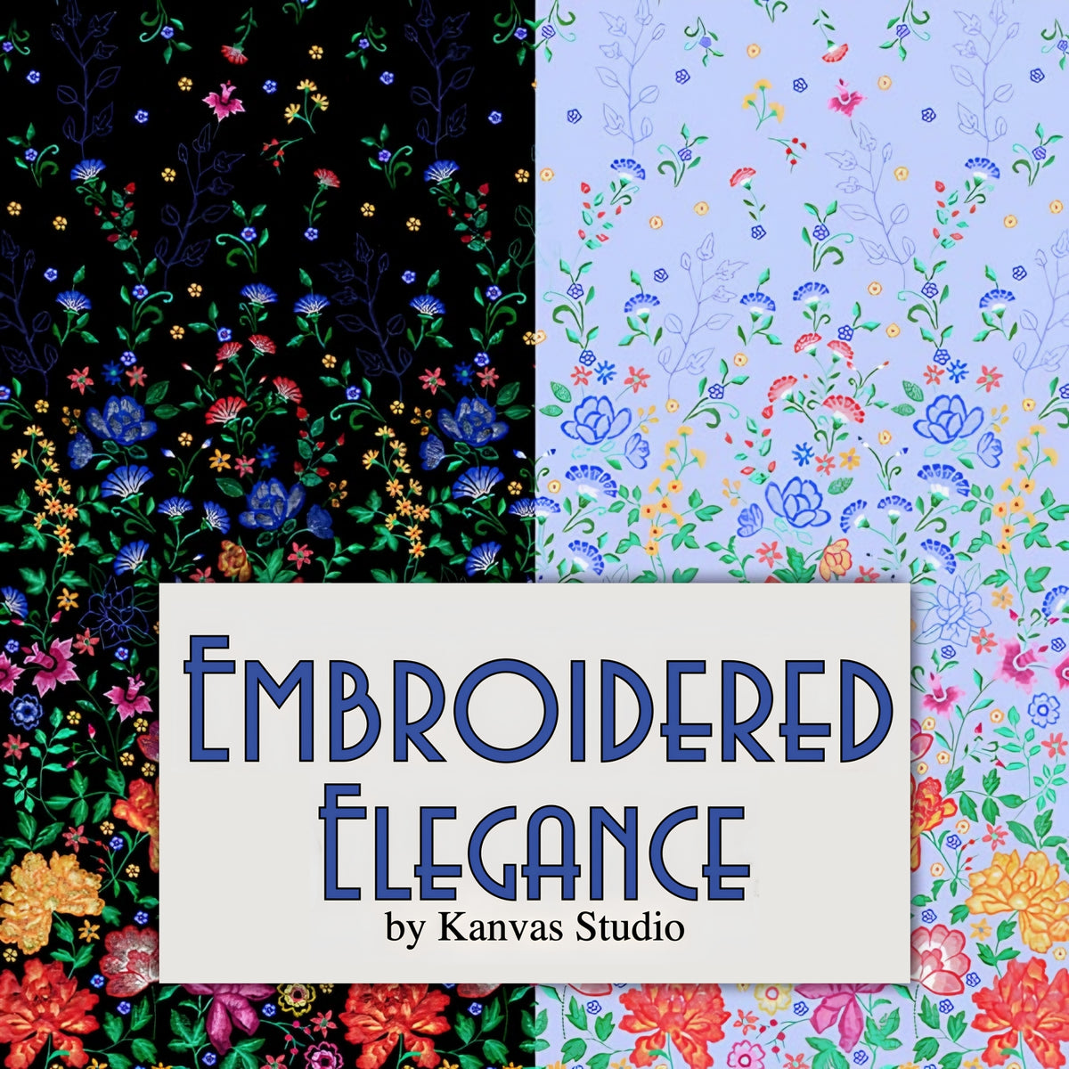 Embroidered Elegance fabric collection by Kanvas Studio Benartex floral embroidered-look prints in black and blue colourways quilting cotton