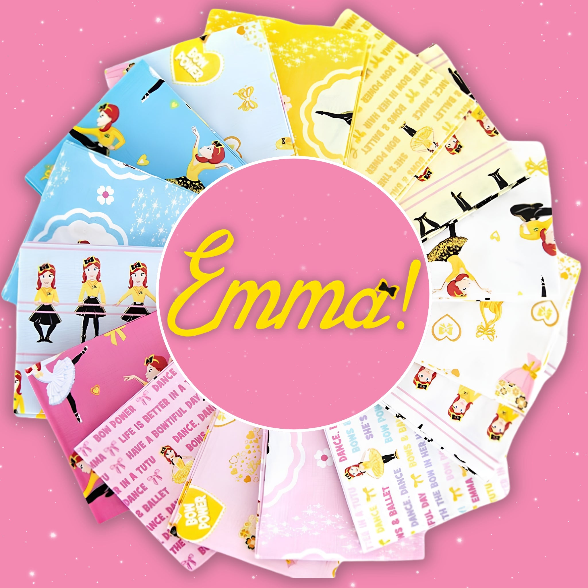 Emma Wiggle Wiggles quilting fabric collection Riley Blake ballet bows kids novelty patchwork cotton pink blue yellow white fabric