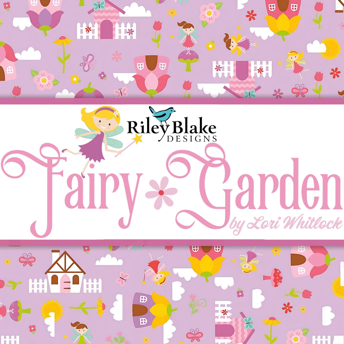 Fairy Garden fabric collection cover with fairies flower houses butterflies and pink purple garden scenes by Lori Whitlock for Riley Blake Designs