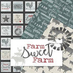 Farm Sweet Farm collection by Contempo Studio Benartex featuring farmhouse squares panel teal words fabric cream farm animals and windmill prints