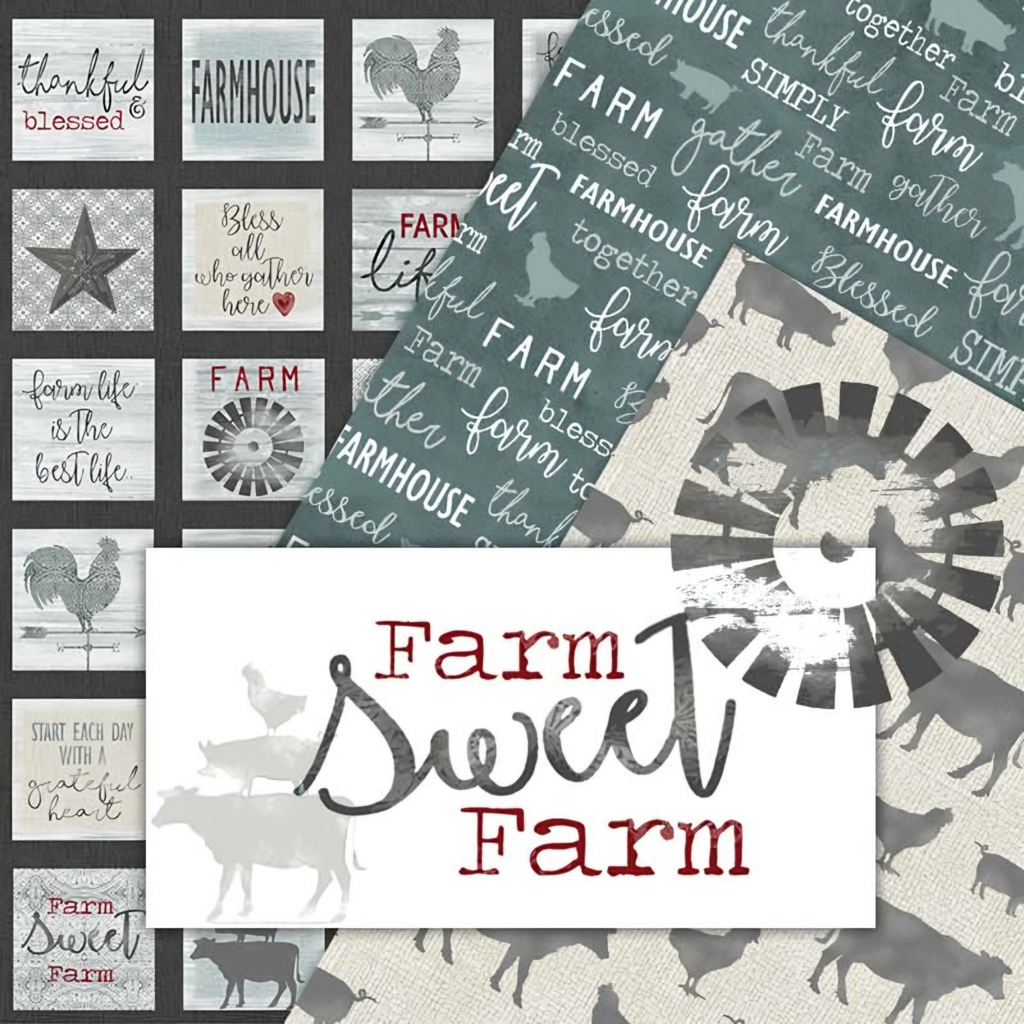 Farm Sweet Farm collection by Contempo Studio Benartex featuring farmhouse squares panel teal words fabric cream farm animals and windmill prints