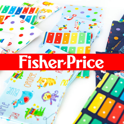 Fisher-Price rainbow xylophone and toy print fabrics with multicolour dots for children's quilts and patchwork projects