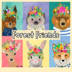 Forest Friends fabric collection woodland animals flower crowns squirrels hedgehogs bears deer rabbits foxes
