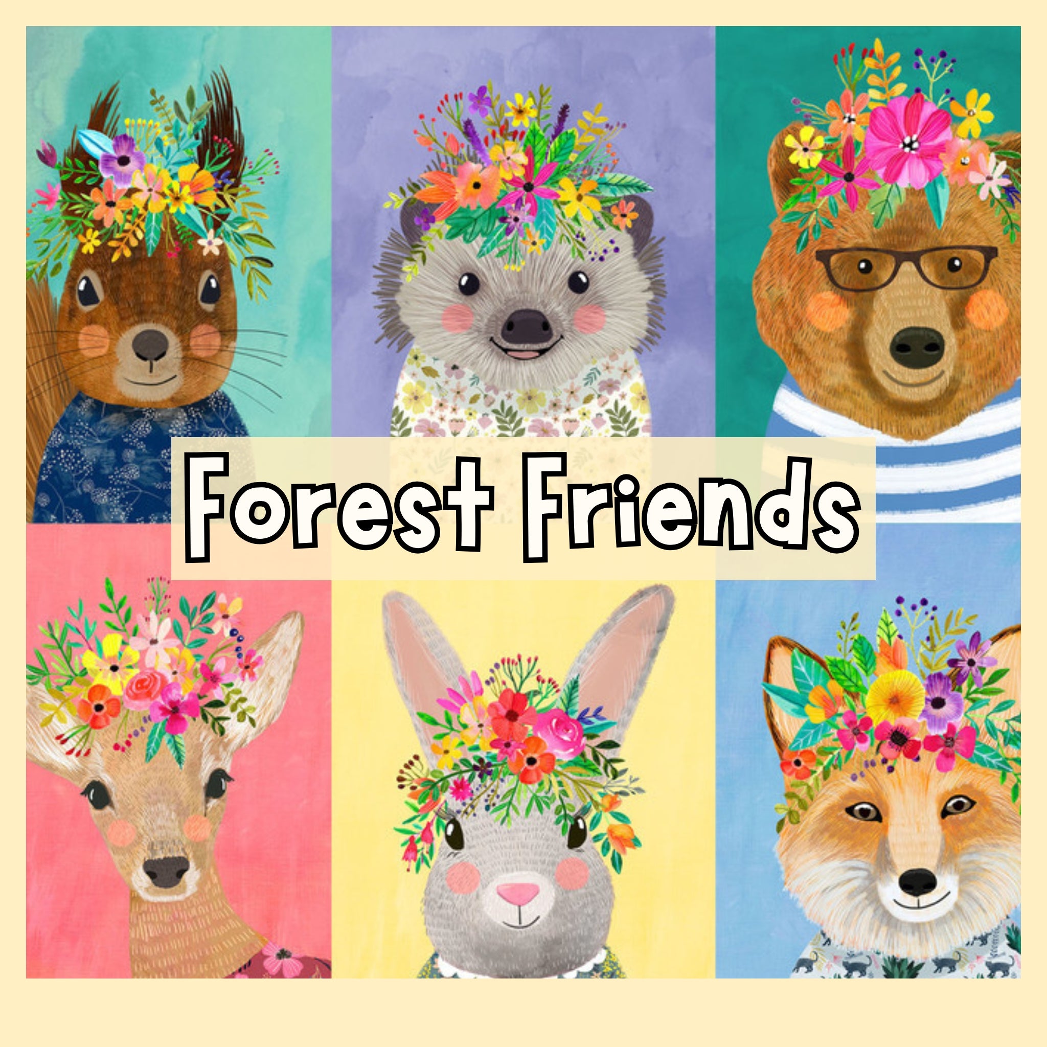 Forest Friends fabric collection woodland animals flower crowns squirrels hedgehogs bears deer rabbits foxes