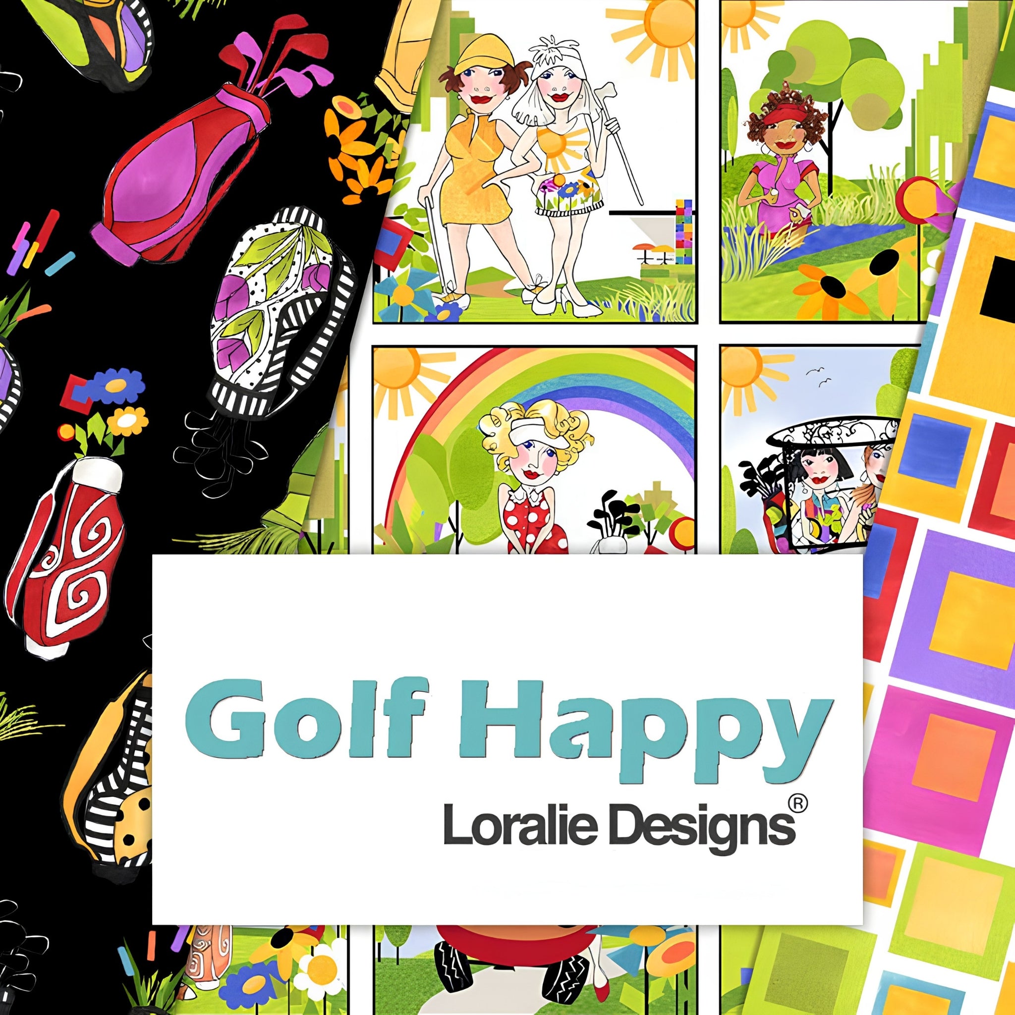 Golf Happy novelty golf ladies bags and course scenes collection by Loralie Harris Designs multi-colour black white quilting cotton