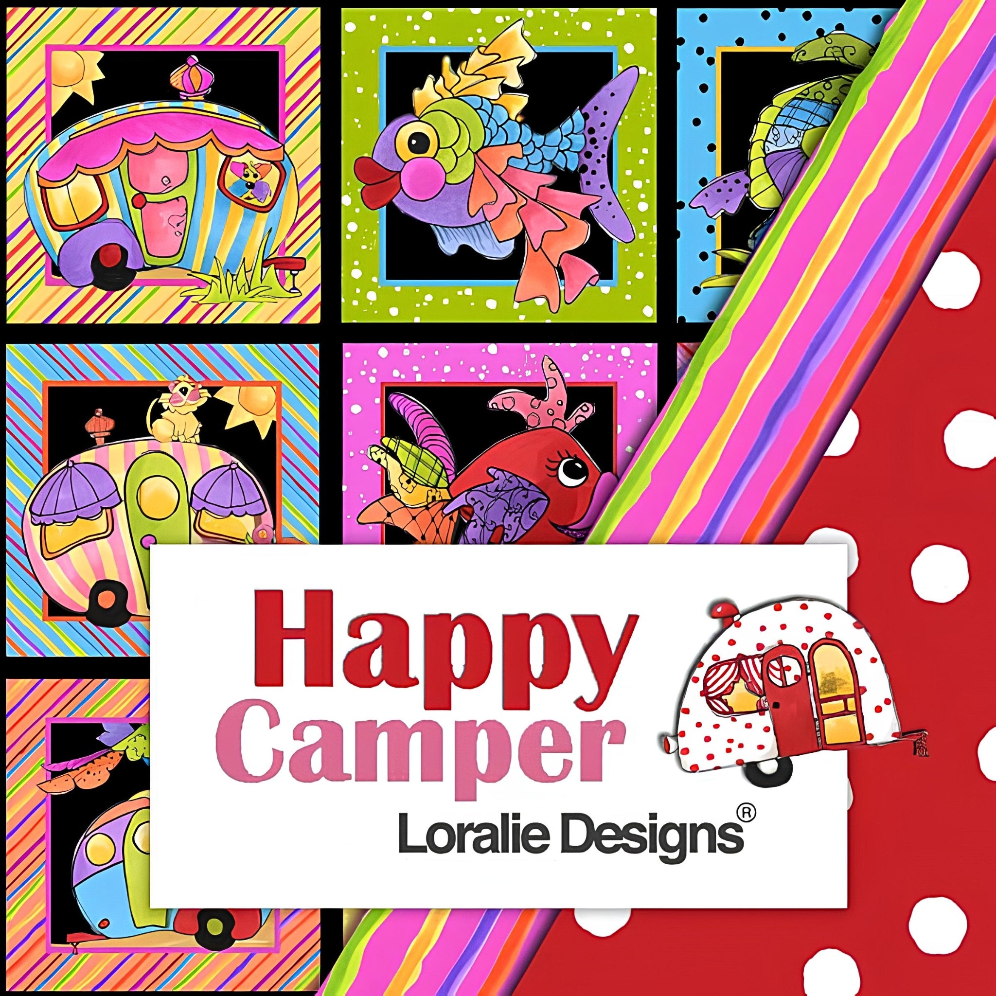 Happy Camper novelty caravans camping panels and coordinate prints collection by Loralie Designs multi-colour quilting cotton