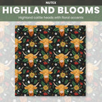 Highland cows long horns shaggy golden coats wildflowers sunflowers daisies black fabric for farm animal quilts and farmer gifts