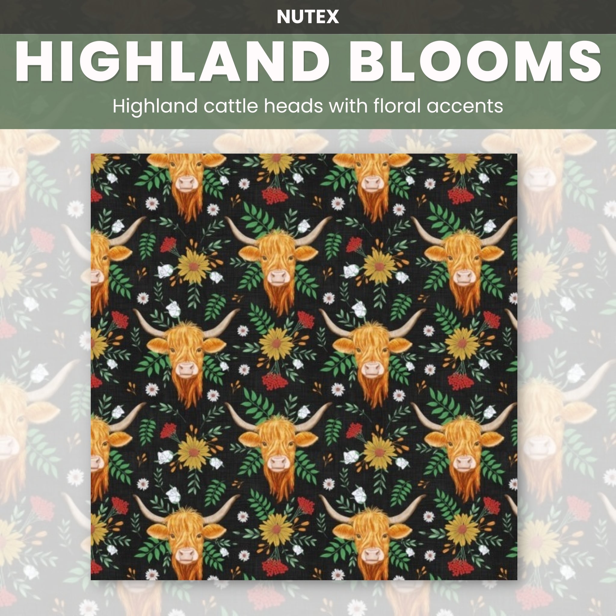 Highland cows long horns shaggy golden coats wildflowers sunflowers daisies black fabric for farm animal quilts and farmer gifts