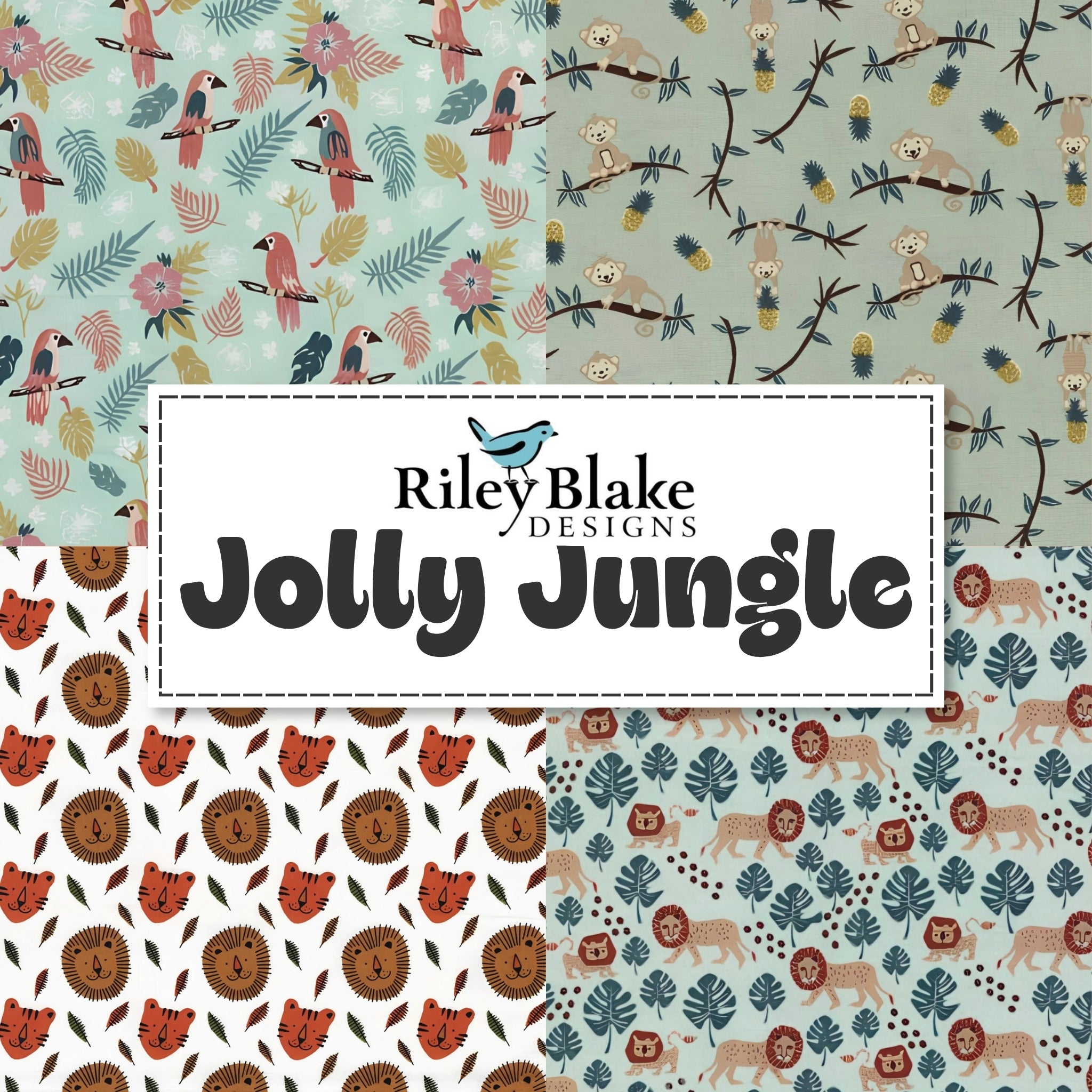 Riley Blake Jolly Jungle fabric collection parrots monkeys lions novelty kids quilting fabric in mint sage and white