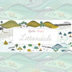 Lewis and Irene Littondale collection fabric featuring rolling countryside hills sheep horses tents steam train and farmhouses