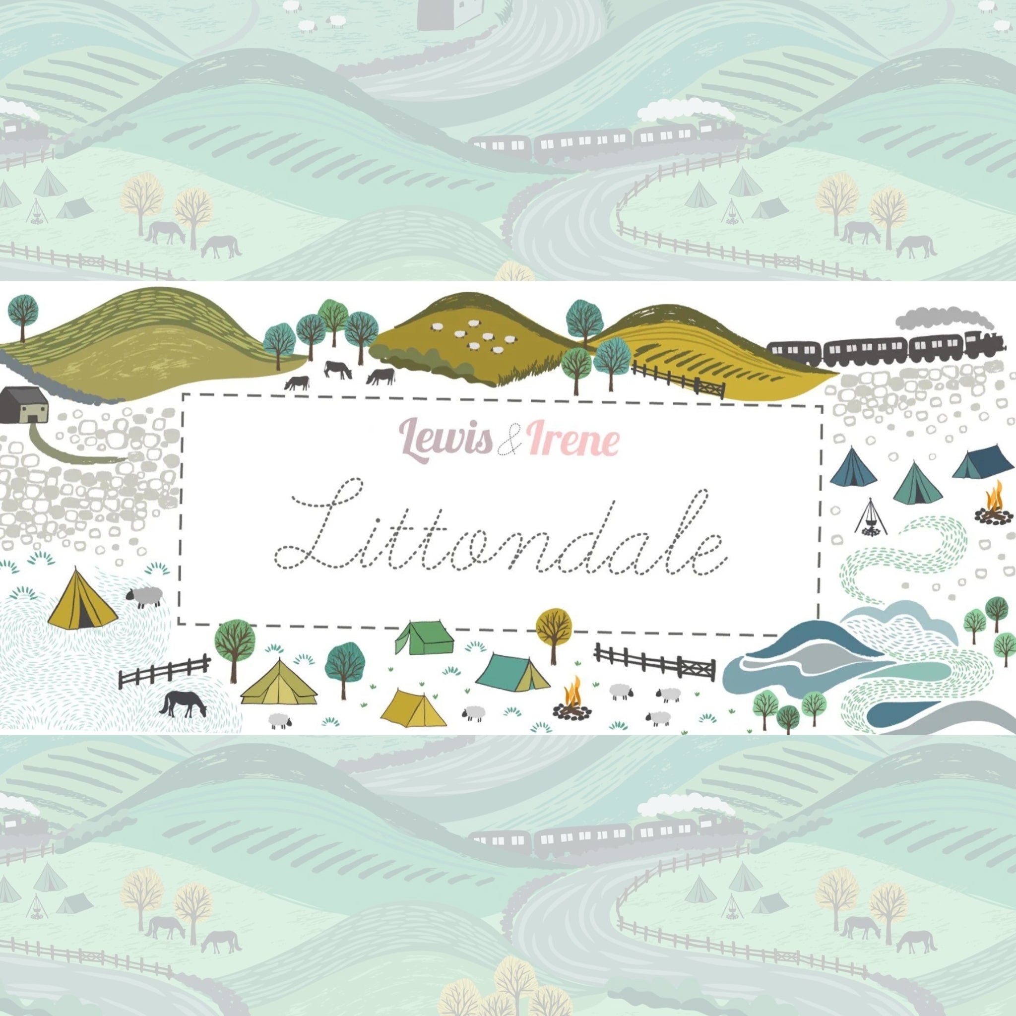 Lewis and Irene Littondale collection fabric featuring rolling countryside hills sheep horses tents steam train and farmhouses