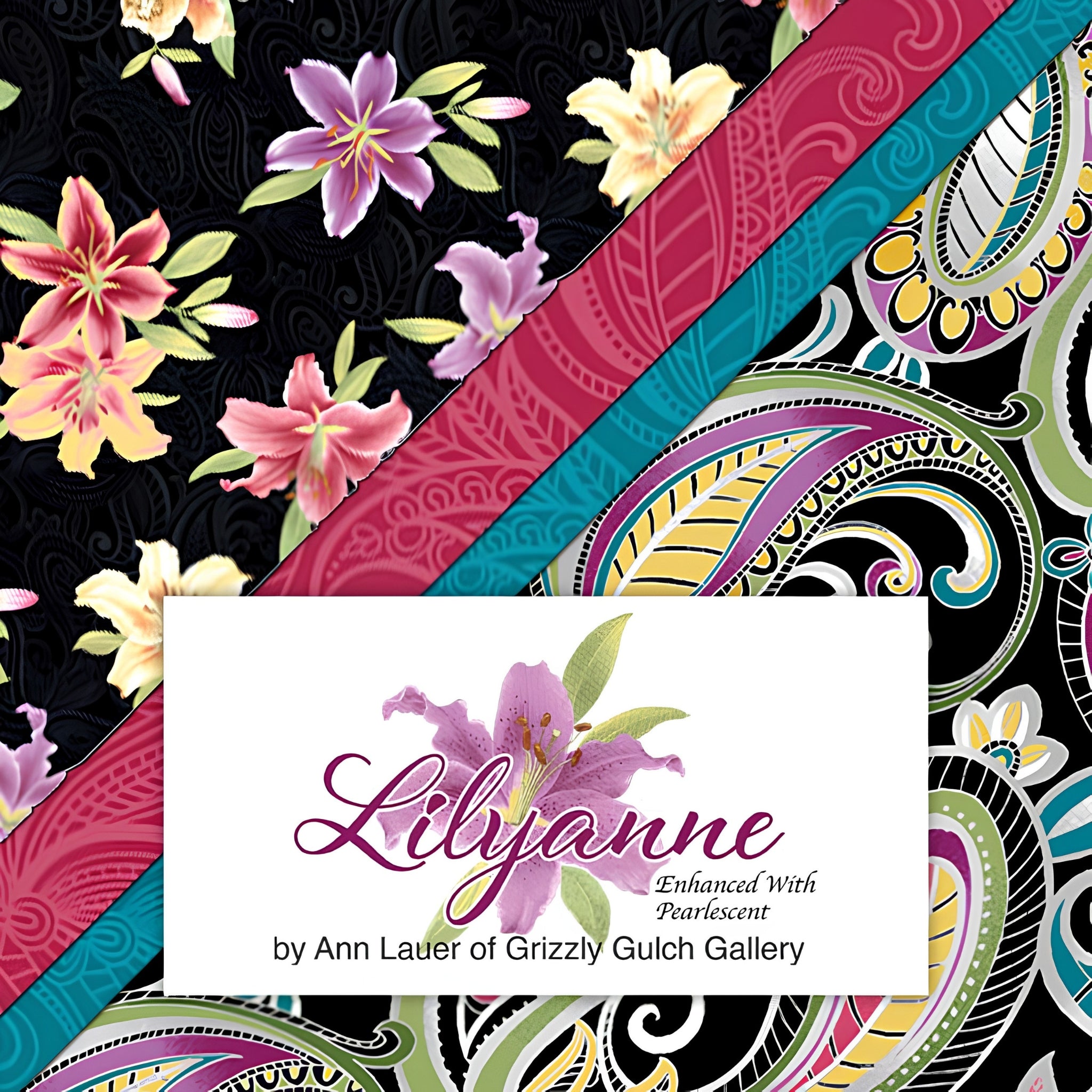 Lilyanne collection by Ann Lauer Benartex pearlescent lily floral paisley quilting fabric black pink teal multicolour patchwork fabric