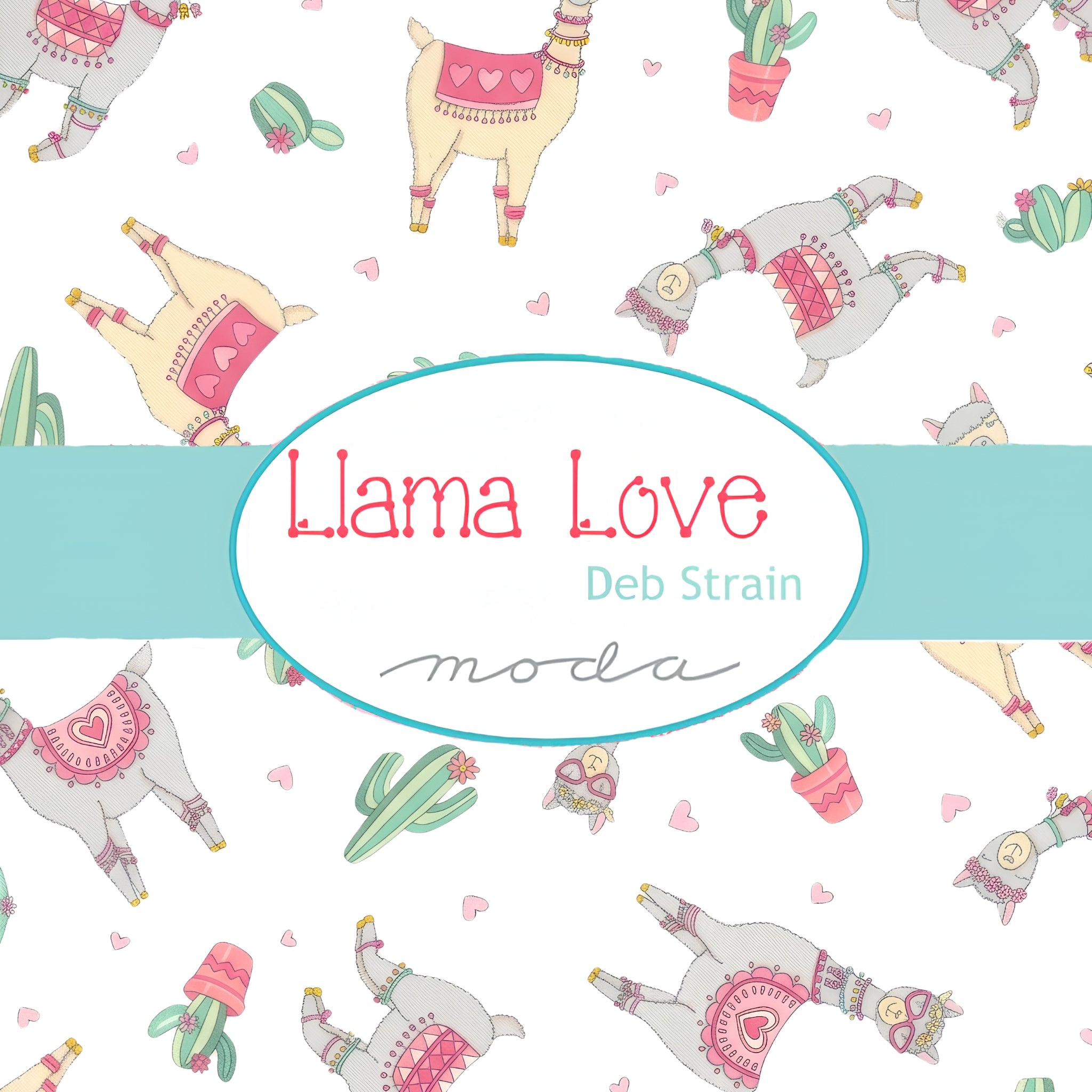 Llama Love collection by Deb Strain for Moda novelty llamas cacti hearts pink aqua white quilting fabric for girls quilts and tween sewing projects