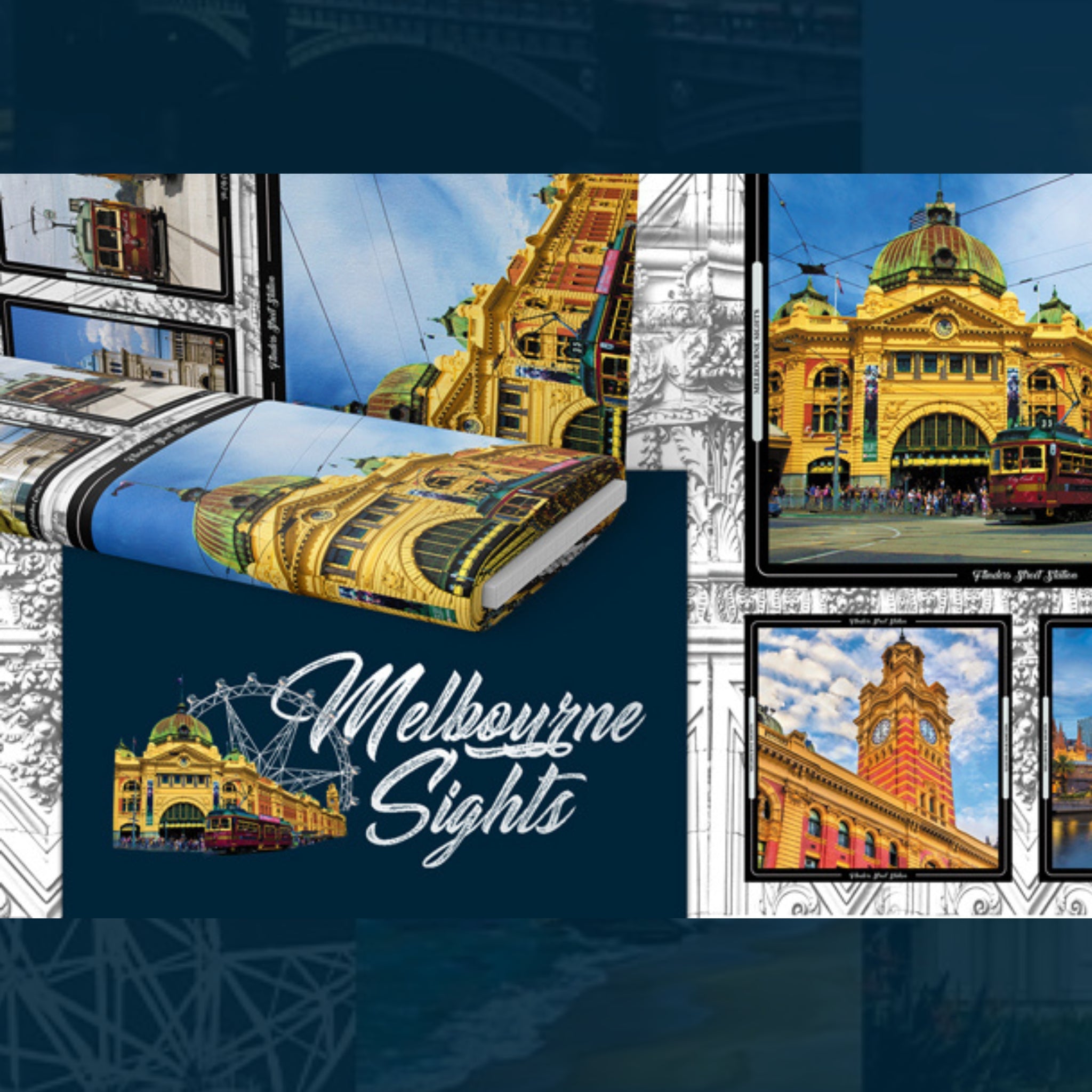 Melbourne landmarks fabric panel trams Flinders Street Station colourful blocks