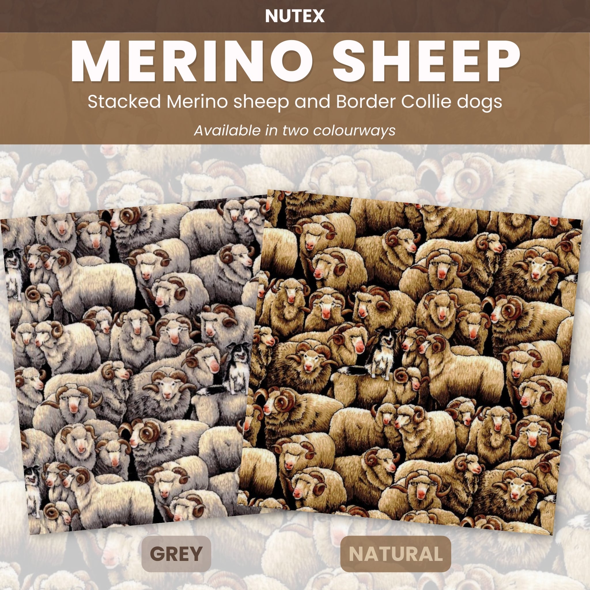 Merino sheep border collie fabric grey natural colourways Nutex quilting cotton for farm-themed projects and farmer gifts
