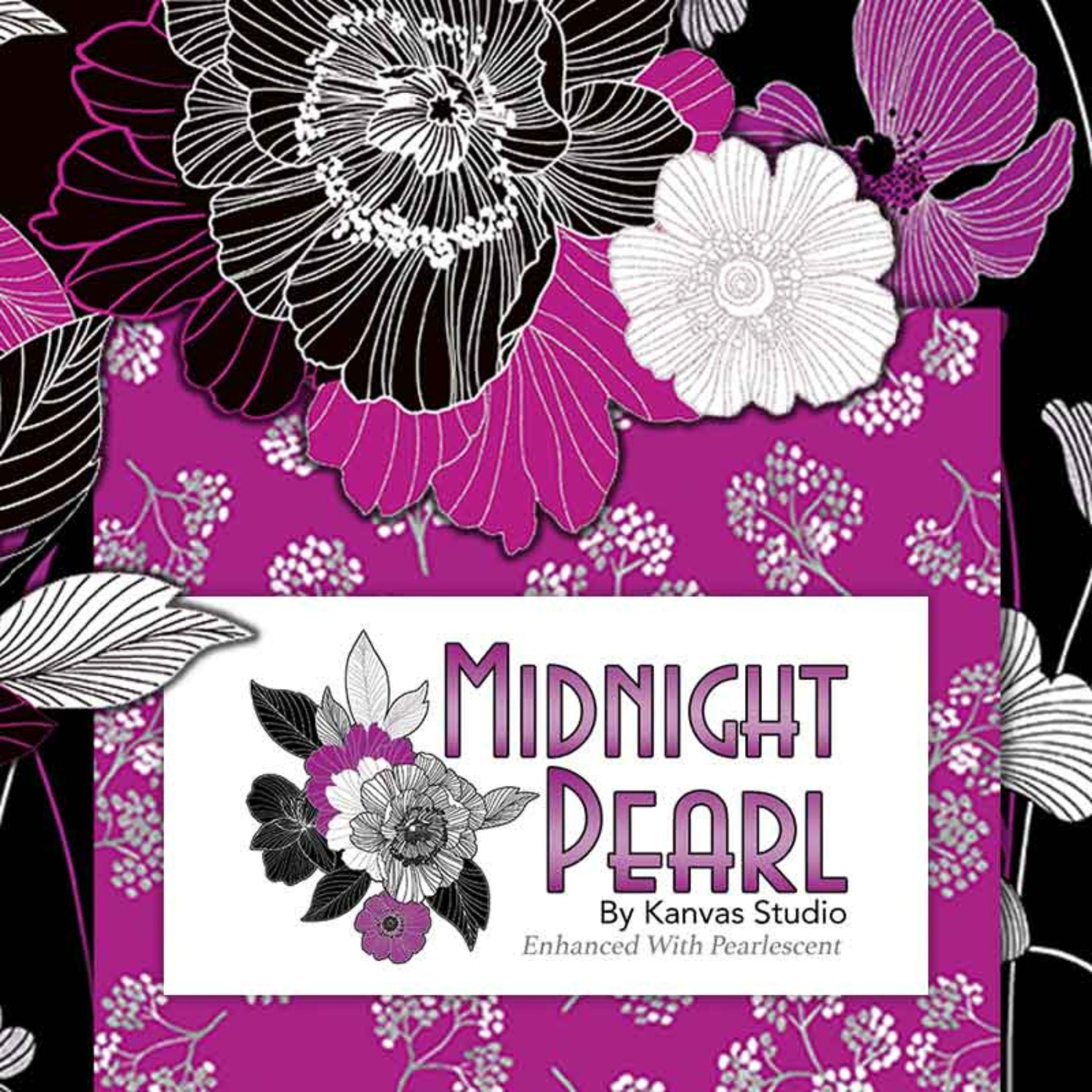 Midnight Pearl magenta pink black white pearlescent floral fabric collection for elegant quilts and sophisticated patchwork projects