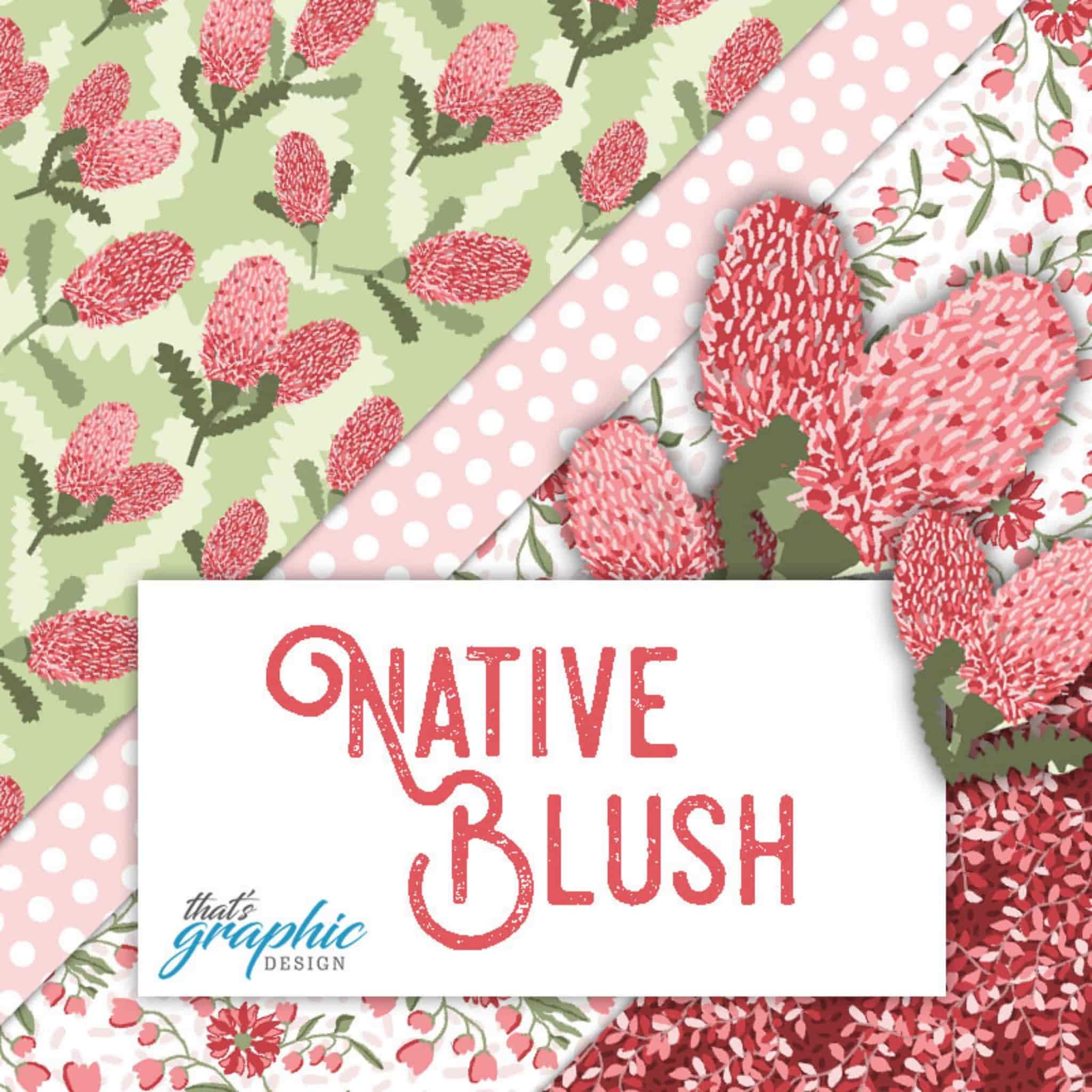 Native Blush Australian flora quilting cotton patchwork fabrics in pink and green for sewing projects