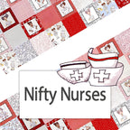 Nifty Nurses novelty nurse characters red white quilting cotton fabric collection by Loralie Designs panels coordinates scrub caps nurse quilts healthcare gifts