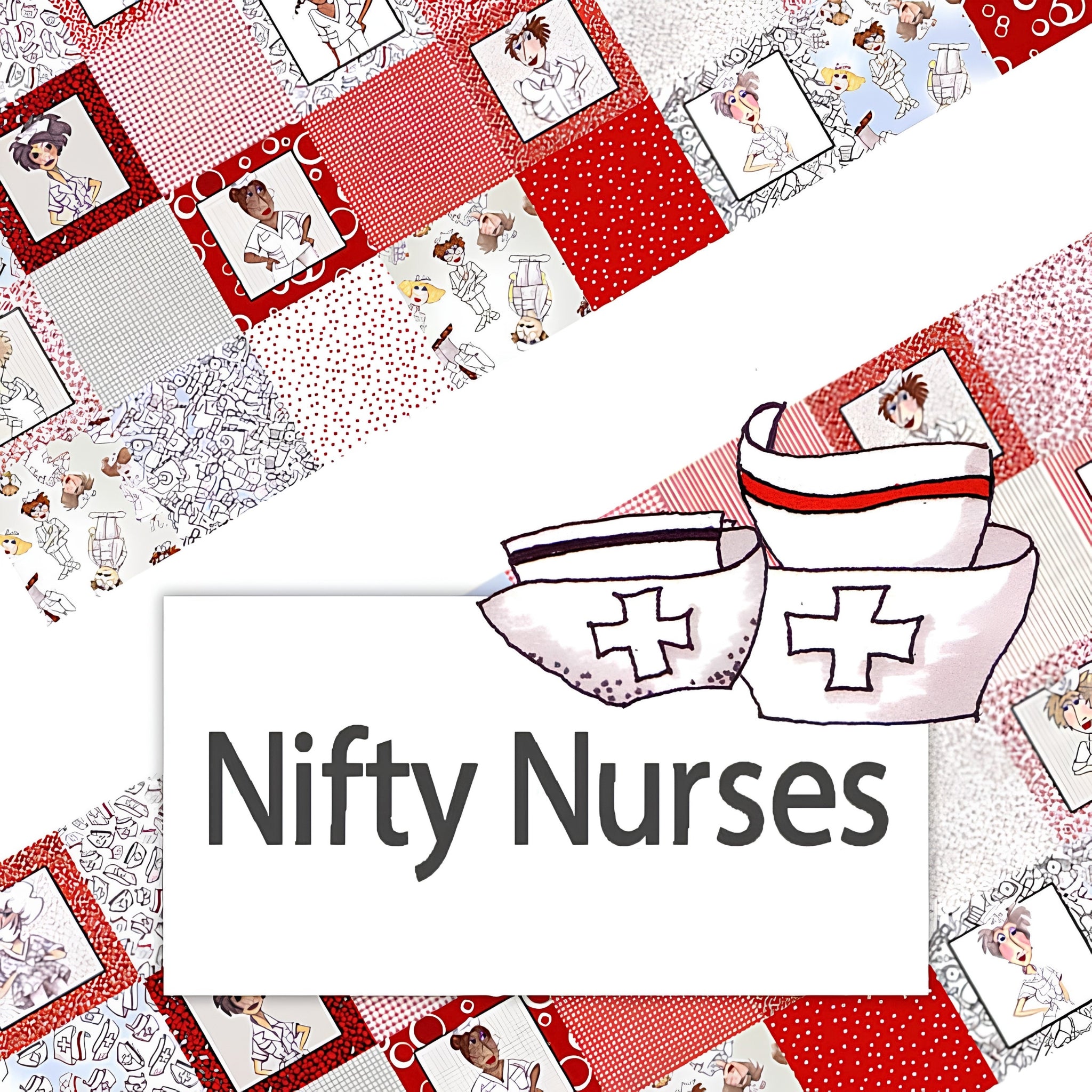 Nifty Nurses novelty nurse characters red white quilting cotton fabric collection by Loralie Designs panels coordinates scrub caps nurse quilts healthcare gifts