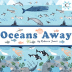 Oceans Away quilting fabric collection by Rebecca Jones for Clothworks — whales, orcas, narwhals, dolphins, penguins, seals, sea life and shipwreck in aqua and navy