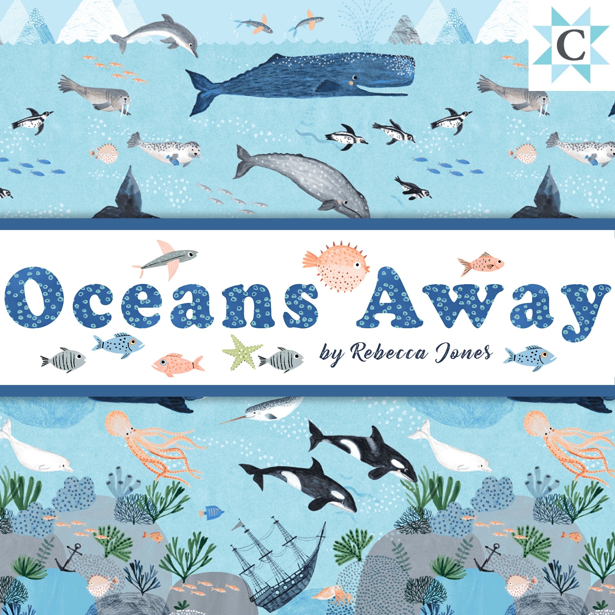 Oceans Away quilting fabric collection by Rebecca Jones for Clothworks — whales, orcas, narwhals, dolphins, penguins, seals, sea life and shipwreck in aqua and navy