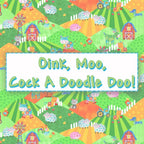Oink Moo Cock-A-Doodle Doo farm animal quilting fabric collection by Blank Quilting featuring cows pigs sheep goats roosters and barns on green and orange hills