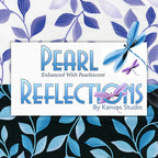 Pearl Reflections by Kanvas Studio fabric collection cover featuring pearlescent dragonflies and leaf vine fabric in purple and teal