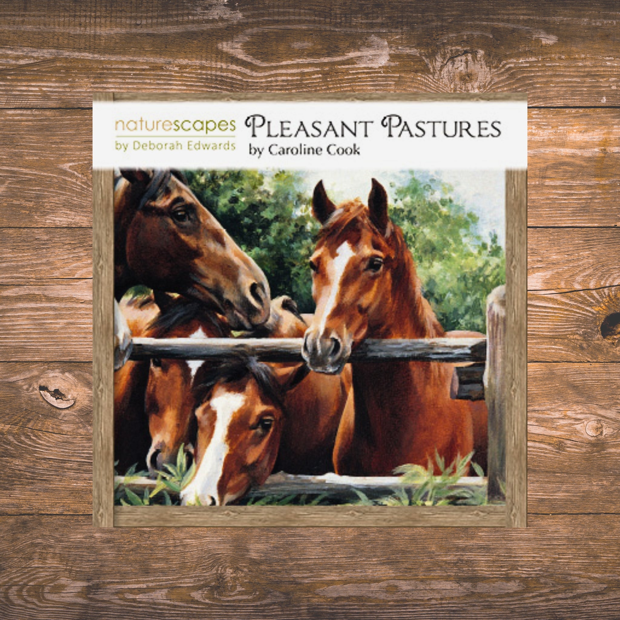 Pleasant Pastures Northcott collection horses at fence rustic barn wood naturescapes